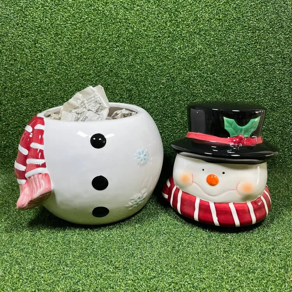 Vintage Festive Ceramic Snowman Cookie Jar Stripe Scarf Winter Christmas